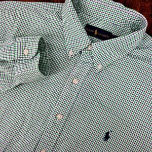 Ralph‎ Lauren Button Down Shirt Mens 17 Green Navy Tattersall Check Long Sleeve